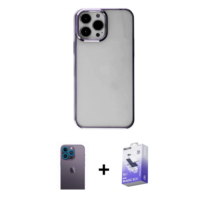 MARSİLYAN™- iPhone 13 Pro Max Kılıf Doruk Doku Prime - Siyah Bilvis 5in1 5D Magic Hayalet Cam Ekran Koruyucu + Neon Fosforlu Kamera Lens - MI