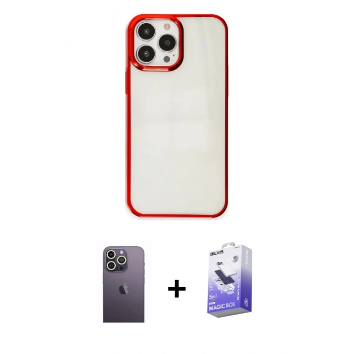 MARSİLYAN™- iPhone 13 Pro Max Kılıf Doruk Doku Prime - Siyah Bilvis 5in1 5D Magic Hayalet Cam Ekran Koruyucu + Beyaz Neon Fosforlu Kamera Lens