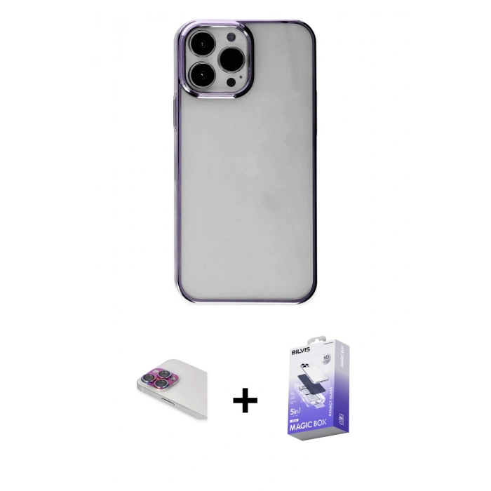 MARSİLYAN™- iPhone 13 Pro Max Kılıf Doruk Doku Prime - Siyah Bilvis 5in1 5D Magic Hayalet Cam Ekran Koruyucu + Gökkuşağı Pers Alüminyum Kamera Lens