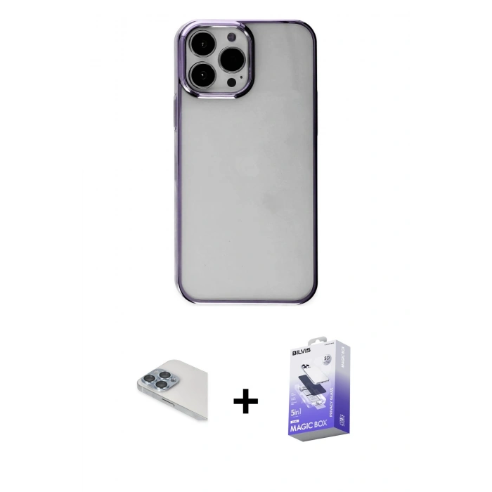 MARSİLYAN™- iPhone 13 Pro Max Kılıf Doruk Doku Prime - Siyah Bilvis 5in1 5D Magic Hayalet Cam Ekran Koruyucu + Pers Alüminyum Kamera Lens - SABE