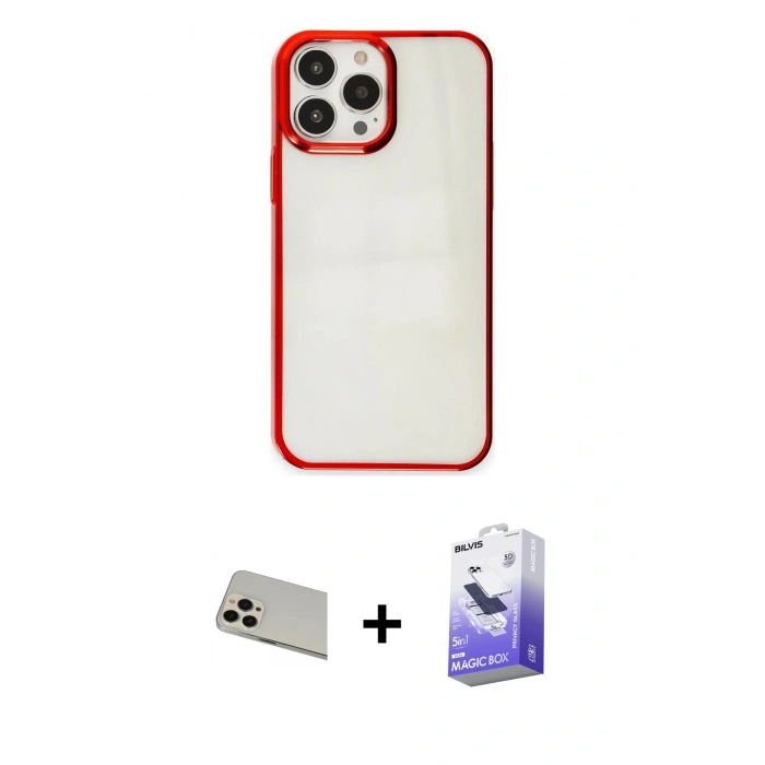 MARSİLYAN™- iPhone 13 Pro Max Kılıf Doruk Doku Prime - Siyah Bilvis 5in1 5D Magic Hayalet Cam Ekran Koruyucu + Rainbow Kamera Lens Koruma Cam - REGD