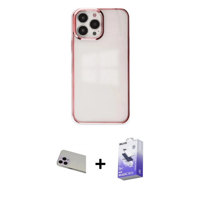 MARSİLYAN™- iPhone 13 Pro Max Kılıf Doruk Doku Prime - Siyah Bilvis 5in1 5D Magic Hayalet Cam Ekran Koruyucu + Rainbow Kamera Lens Koruma Cam - MR