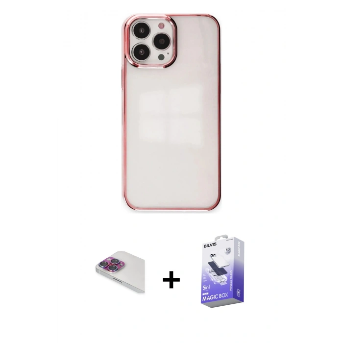 MARSİLYAN™- iPhone 13 Pro Max Kılıf Doruk Doku Prime - Siyah Bilvis 5in1 5D Magic Hayalet Cam Ekran Koruyucu + Gökkuşağı Pers Alüminyum Kamera Lens
