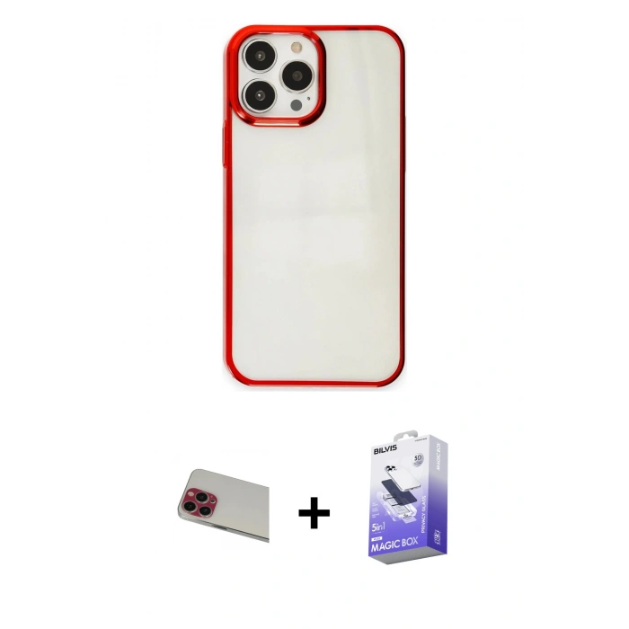 MARSİLYAN™- iPhone 13 Pro Max Kılıf Doruk Doku Prime - Siyah Bilvis 5in1 5D Magic Hayalet Cam Ekran Koruyucu + Rainbow Kamera Lens Koruma Cam - KI