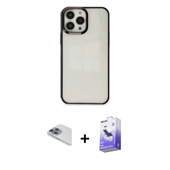MARSİLYAN™- iPhone 13 Pro Max Kılıf Doruk Doku Prime - Siyah Bilvis 5in1 5D Magic Hayalet Cam Ekran Koruyucu + Pers Alüminyum Kamera Lens - SABE