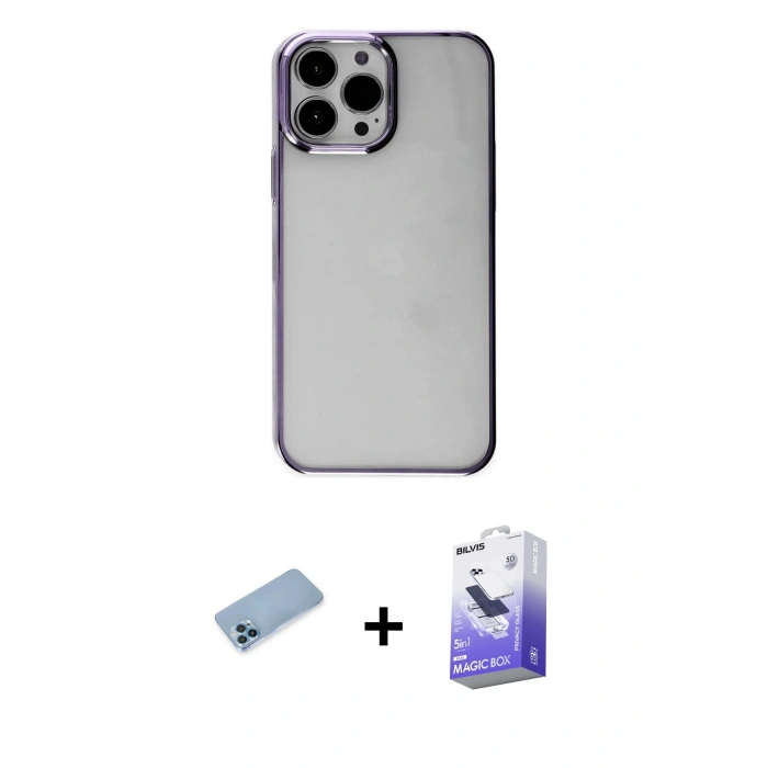 MARSİLYAN™- iPhone 13 Pro Max Kılıf Doruk Doku Prime - Siyah Bilvis 5in1 5D Magic Hayalet Cam Ekran Koruyucu + Shine Kamera Lens Koruma Cam - MI