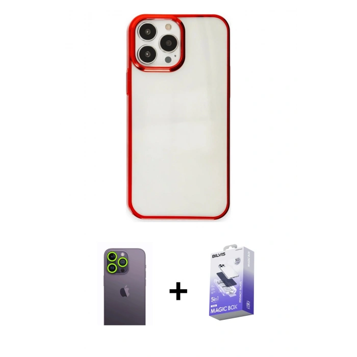 MARSİLYAN™- iPhone 13 Pro Max Kılıf Doruk Doku Prime - Siyah Bilvis 5in1 5D Magic Hayalet Cam Ekran Koruyucu + Neon Fosforlu Kamera Lens - YL