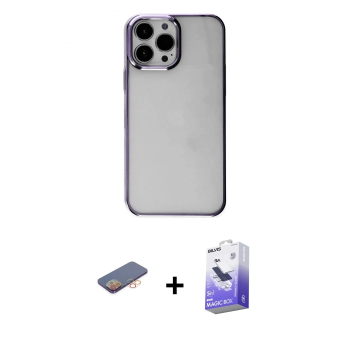 MARSİLYAN™- iPhone 13 Pro Max Kılıf Doruk Doku Prime - Siyah Bilvis 5in1 5D Magic Hayalet Cam Ekran Koruyucu + Renkli Kamera Lens Koruma Cam - TU