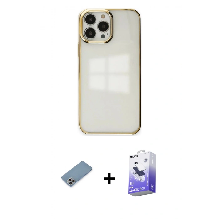 MARSİLYAN™- iPhone 13 Pro Max Kılıf Doruk Doku Prime - Siyah Bilvis 5in1 5D Magic Hayalet Cam Ekran Koruyucu + Shine Kamera Lens Koruma Cam - GI