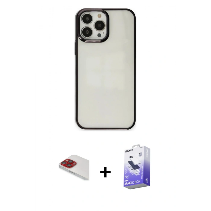 MARSİLYAN™- iPhone 13 Pro Max Kılıf Doruk Doku Prime - Siyah Bilvis 5in1 5D Magic Hayalet Cam Ekran Koruyucu + Pers Alüminyum Kamera Lens - KI