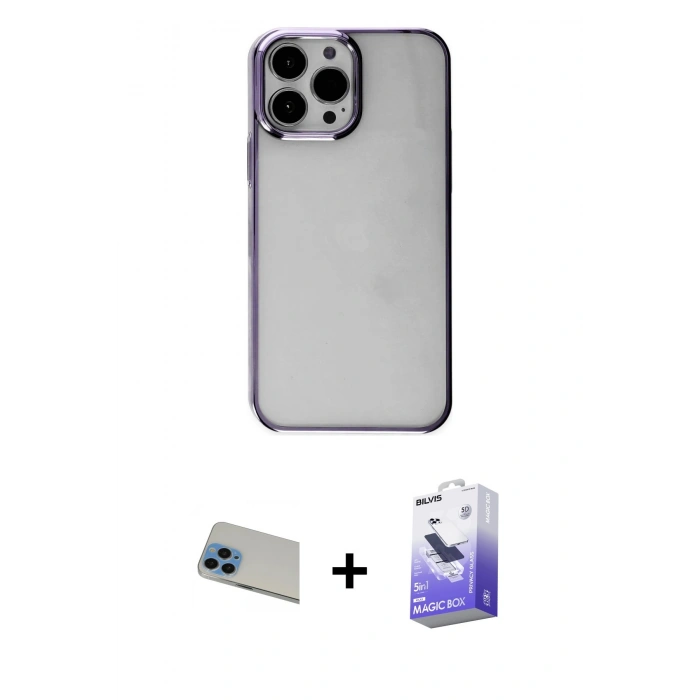MARSİLYAN™- iPhone 13 Pro Max Kılıf Doruk Doku Prime - Siyah Bilvis 5in1 5D Magic Hayalet Cam Ekran Koruyucu + Rainbow Kamera Lens Koruma Cam - MI