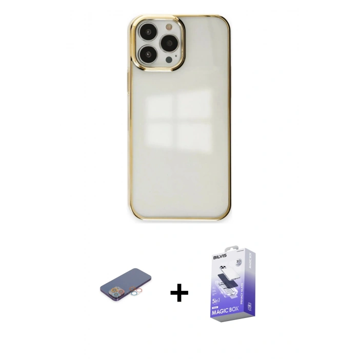 MARSİLYAN™- iPhone 13 Pro Max Kılıf Doruk Doku Prime - Siyah Bilvis 5in1 5D Magic Hayalet Cam Ekran Koruyucu + Renkli Kamera Lens Koruma Cam - PE