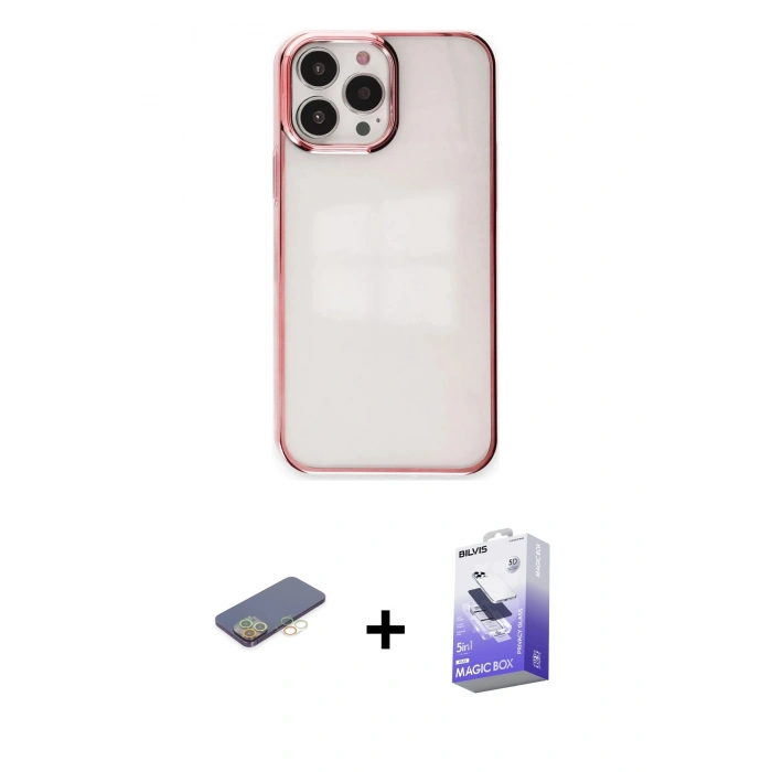 MARSİLYAN™- iPhone 13 Pro Max Kılıf Doruk Doku Prime - Siyah Bilvis 5in1 5D Magic Hayalet Cam Ekran Koruyucu + Renkli Kamera Lens Koruma Cam - SI