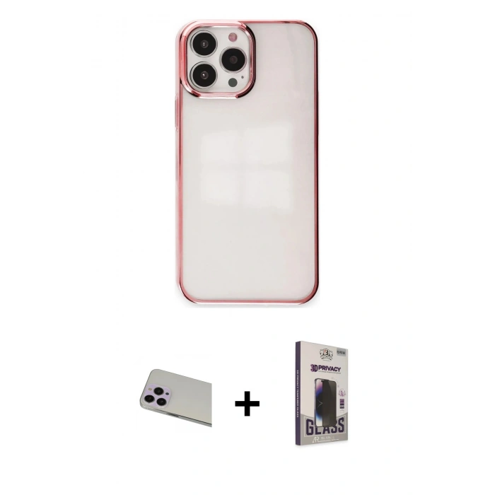 MARSİLYAN™- iPhone 13 Pro Max Kılıf Doruk Doku Prime - Siyah Bilvis Hayalet Cam Ekran Koruyucu + Mor Rainbow Kamera Lens Koruma Cam