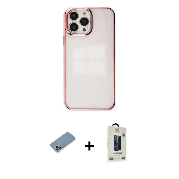 MARSİLYAN™- iPhone 13 Pro Max Kılıf Doruk Doku Prime - Siyah Bilvis Hayalet Cam Ekran Koruyucu + Shine Kamera Lens Koruma Cam - PE
