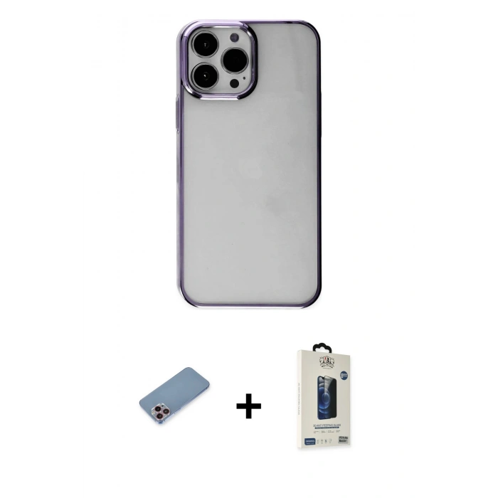 MARSİLYAN™- iPhone 13 Pro Max Kılıf Doruk Doku Prime - Siyah Bilvis Hayalet Cam Ekran Koruyucu + Shine Kamera Lens Koruma Cam - PE