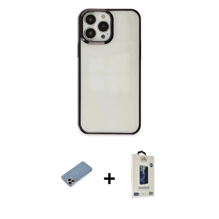 MARSİLYAN™- iPhone 13 Pro Max Kılıf Doruk Doku Prime - Siyah Bilvis Hayalet Cam Ekran Koruyucu + Shine Kamera Lens Koruma Cam - PE