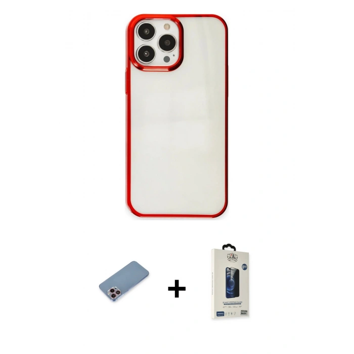 MARSİLYAN™- iPhone 13 Pro Max Kılıf Doruk Doku Prime - Siyah Bilvis Hayalet Cam Ekran Koruyucu + Shine Kamera Lens Koruma Cam - PE