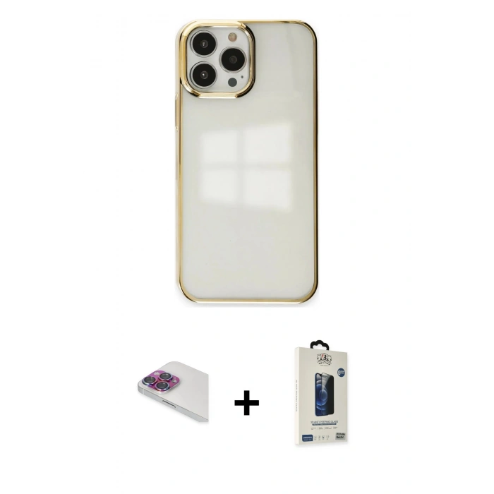 MARSİLYAN™- iPhone 13 Pro Max Kılıf Doruk Doku Prime - Siyah Bilvis Hayalet Cam Ekran Koruyucu + Pers Alüminyum Kamera Lens - GI