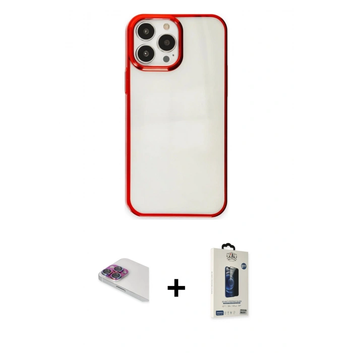 MARSİLYAN™- iPhone 13 Pro Max Kılıf Doruk Doku Prime - Siyah Bilvis Hayalet Cam Ekran Koruyucu + Pers Alüminyum Kamera Lens - GI