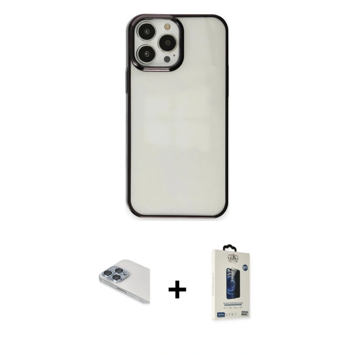 MARSİLYAN™- iPhone 13 Pro Max Kılıf Doruk Doku Prime - Siyah Bilvis Hayalet Cam Ekran Koruyucu + Pers Alüminyum Kamera Lens - SABE