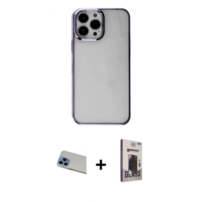 MARSİLYAN™- iPhone 13 Pro Max Kılıf Doruk Doku Prime - Siyah Bilvis Hayalet Cam Ekran Koruyucu + Rainbow Kamera Lens Koruma Cam - MI