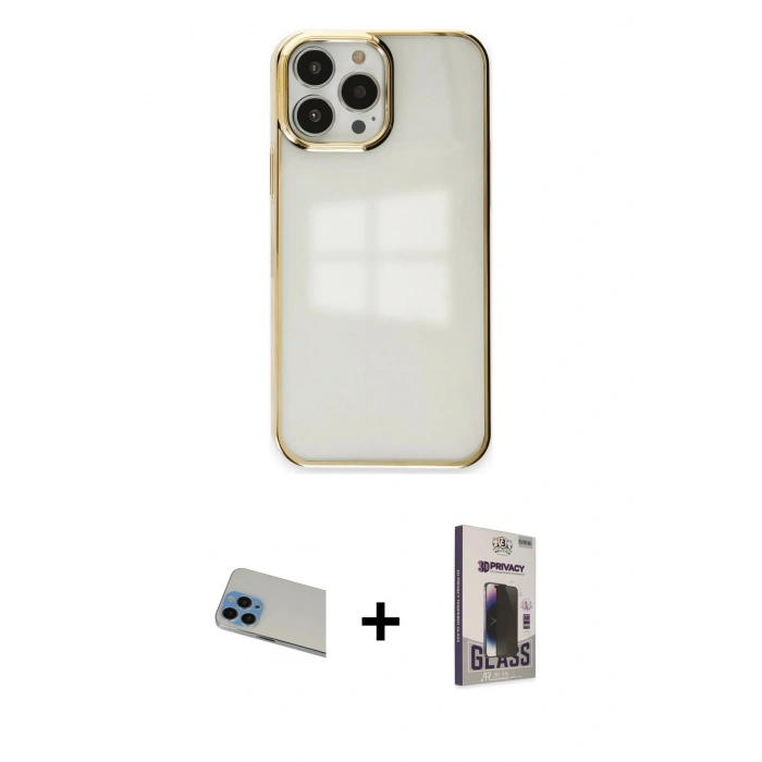 MARSİLYAN™- iPhone 13 Pro Max Kılıf Doruk Doku Prime - Siyah Bilvis Hayalet Cam Ekran Koruyucu + Rainbow Kamera Lens Koruma Cam - MI