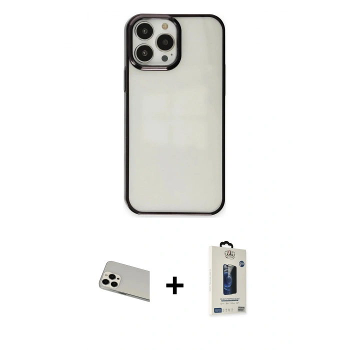 MARSİLYAN™- iPhone 13 Pro Max Kılıf Doruk Doku Prime - Siyah Bilvis Hayalet Cam Ekran Koruyucu + Rainbow Kamera Lens Koruma Cam - BZ