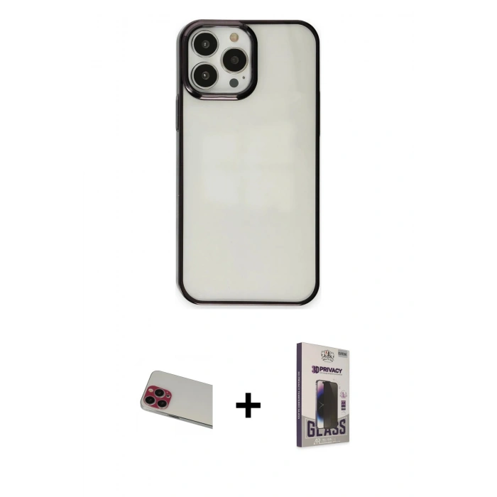 MARSİLYAN™- iPhone 13 Pro Max Kılıf Doruk Doku Prime - Siyah Bilvis Hayalet Cam Ekran Koruyucu + Rainbow Kamera Lens Koruma Cam - KI