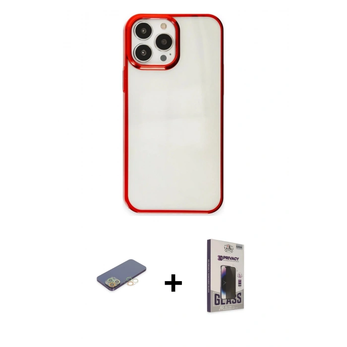 MARSİLYAN™- iPhone 13 Pro Max Kılıf Doruk Doku Prime - Siyah Bilvis Hayalet Cam Ekran Koruyucu + Renkli Kamera Lens Koruma Cam - SI