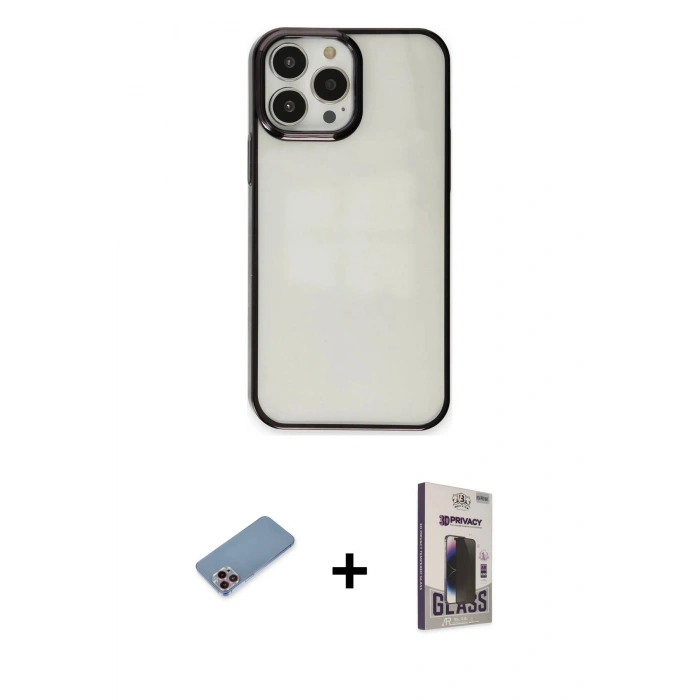 MARSİLYAN™- iPhone 13 Pro Max Kılıf Doruk Doku Prime - Siyah Bilvis Hayalet Cam Ekran Koruyucu + Shine Kamera Lens Koruma Cam - PE