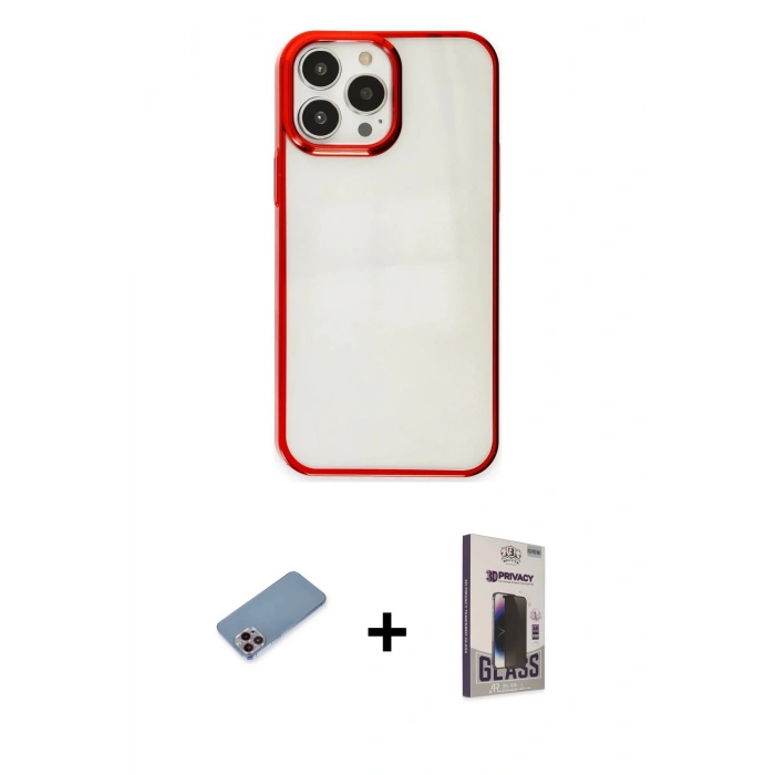 MARSİLYAN™- iPhone 13 Pro Max Kılıf Doruk Doku Prime - Siyah Bilvis Hayalet Cam Ekran Koruyucu + Shine Kamera Lens Koruma Cam - PE