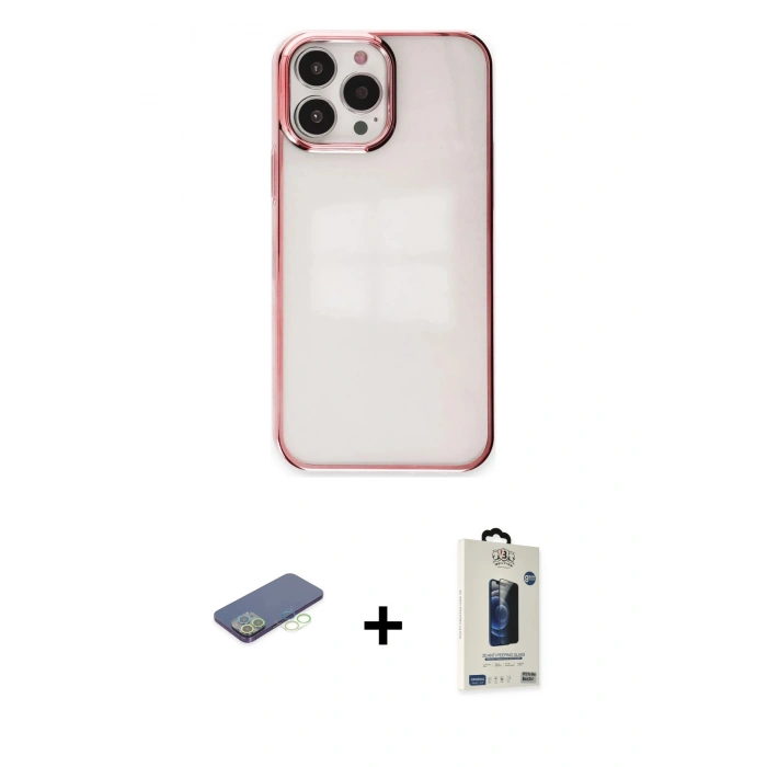 MARSİLYAN™- iPhone 13 Pro Max Kılıf Doruk Doku Prime - Siyah Bilvis Hayalet Cam Ekran Koruyucu + Renkli Kamera Lens Koruma Cam - YL