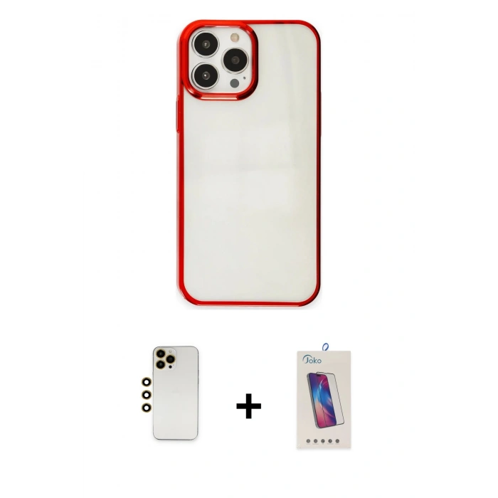 MARSİLYAN™- iPhone 13 Pro Max Kılıf Doruk Doku Prime - Siyah Joko 5D Cam + Gold Shine Kamera Lens