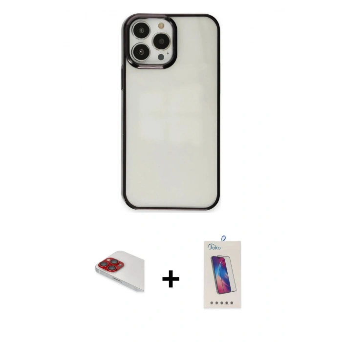 MARSİLYAN™- iPhone 13 Pro Max Kılıf Doruk Doku Prime - Siyah Joko 5D Cam + Pers Alüminyum Kamera Lens - KI