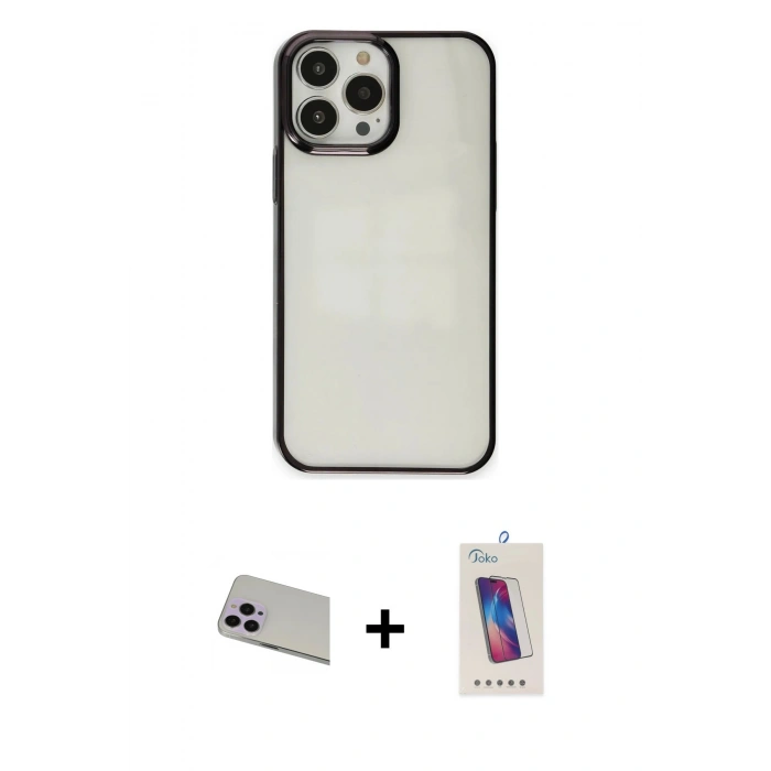 MARSİLYAN™- iPhone 13 Pro Max Kılıf Doruk Doku Prime - Siyah Joko 5D Cam + Rainbow Kamera Lens Koruma Cam - MR