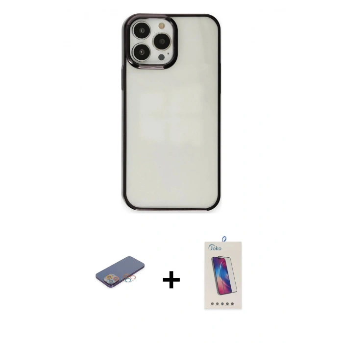 MARSİLYAN™- iPhone 13 Pro Max Kılıf Doruk Doku Prime - Siyah Joko 5D Cam + Renkli Kamera Lens Koruma Cam - PE