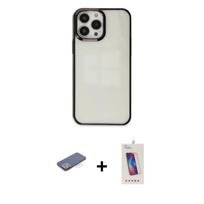 MARSİLYAN™- iPhone 13 Pro Max Kılıf Doruk Doku Prime - Siyah Joko 5D Cam + Renkli Kamera Lens Koruma Cam - YL