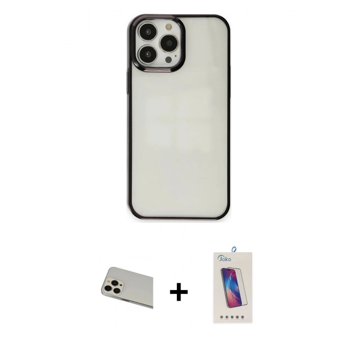 MARSİLYAN™- iPhone 13 Pro Max Kılıf Doruk Doku Prime - Siyah Joko 5D Cam + Rainbow Kamera Lens Koruma Cam - REGD