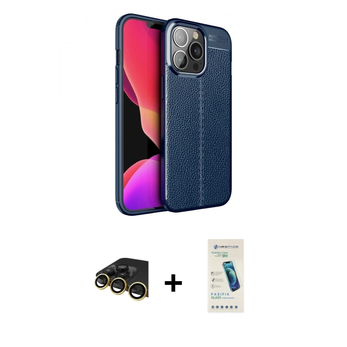 MARSİLYAN™- iPhone 13 Pro Max Kılıf Doruk Klasik Özel Seri - Şeffaf Pasifik Cam Ekran Koruyucu + Raze Metal Kamera Lens - GD