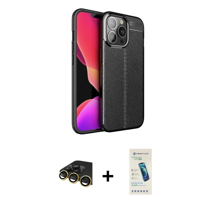 MARSİLYAN™- iPhone 13 Pro Max Kılıf Doruk Klasik Özel Seri - Şeffaf Pasifik Cam Ekran Koruyucu + Raze Metal Kamera Lens - GD