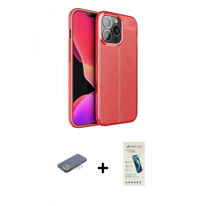 MARSİLYAN™- iPhone 13 Pro Max Kılıf Doruk Klasik Özel Seri - Şeffaf Pasifik Cam Ekran Koruyucu + Renkli Kamera Lens Koruma Cam - MI