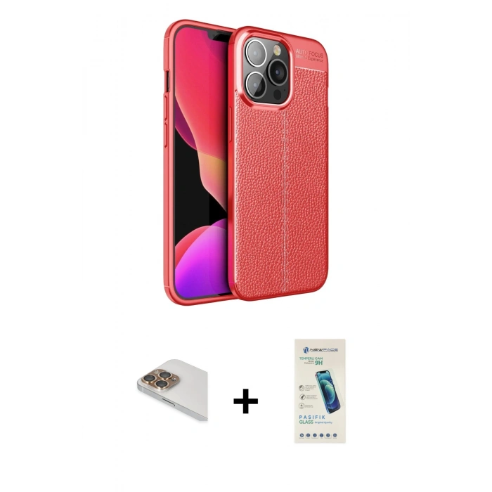 MARSİLYAN™- iPhone 13 Pro Max Kılıf Doruk Klasik Özel Seri - Şeffaf Pasifik Cam Ekran Koruyucu + Pers Alüminyum Kamera Lens - GD