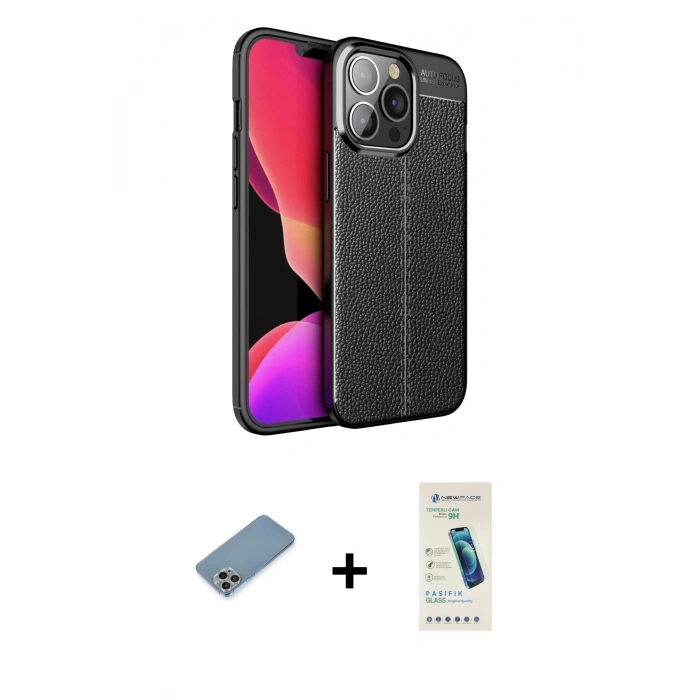 MARSİLYAN™- iPhone 13 Pro Max Kılıf Doruk Klasik Özel Seri - Şeffaf Pasifik Cam Ekran Koruyucu + Shine Kamera Lens Koruma Cam - GI