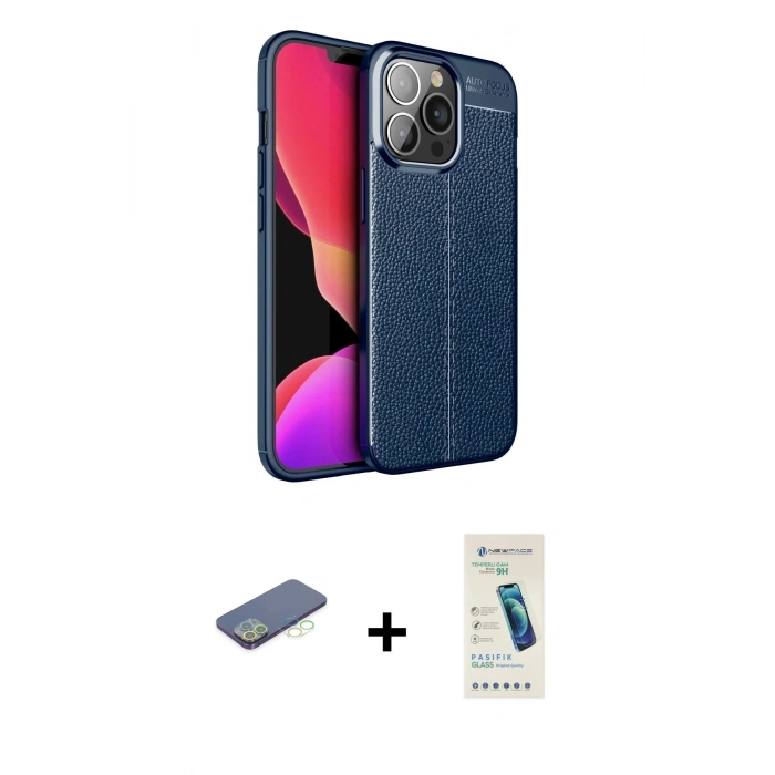 MARSİLYAN™- iPhone 13 Pro Max Kılıf Doruk Klasik Özel Seri - Şeffaf Pasifik Cam Ekran Koruyucu + Renkli Kamera Lens Koruma Cam - YL