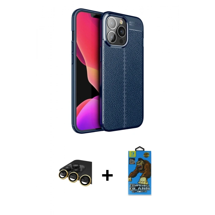 MARSİLYAN™- iPhone 13 Pro Max Kılıf Doruk Klasik Özel Seri - Siyah 18D Cam Ekran Koruyucu + Raze Metal Kamera Lens - GD