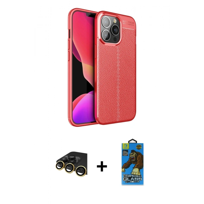 MARSİLYAN™- iPhone 13 Pro Max Kılıf Doruk Klasik Özel Seri - Siyah 18D Cam Ekran Koruyucu + Raze Metal Kamera Lens - GD