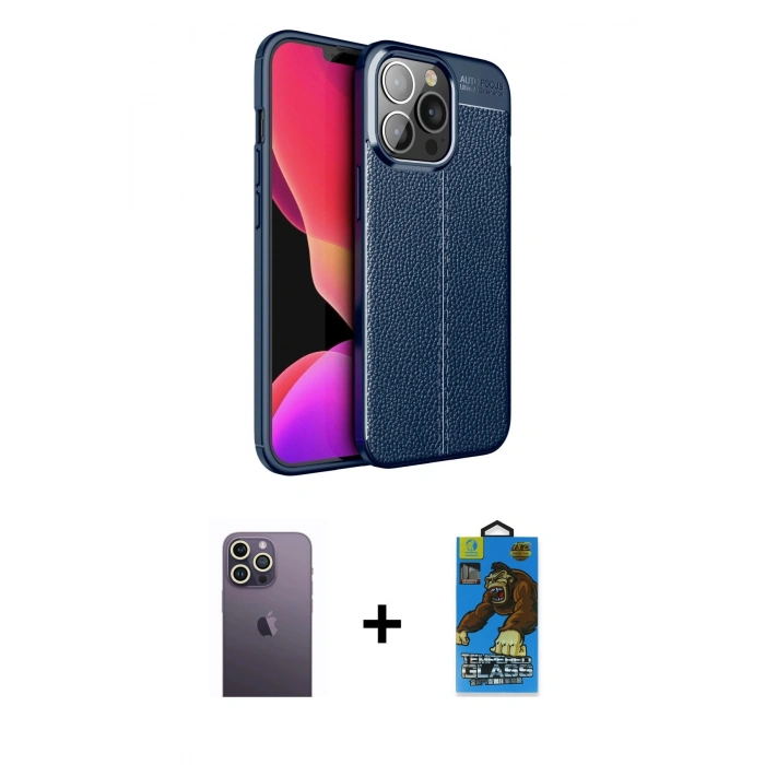 MARSİLYAN™- iPhone 13 Pro Max Kılıf Doruk Klasik Özel Seri - Siyah 18D Cam Ekran Koruyucu + Neon Fosforlu Kamera Lens - BZ