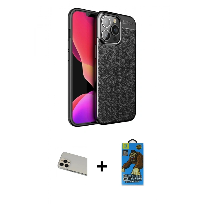 MARSİLYAN™- iPhone 13 Pro Max Kılıf Doruk Klasik Özel Seri - Siyah 18D Cam Ekran Koruyucu + Rainbow Kamera Lens Koruma Cam - REGD