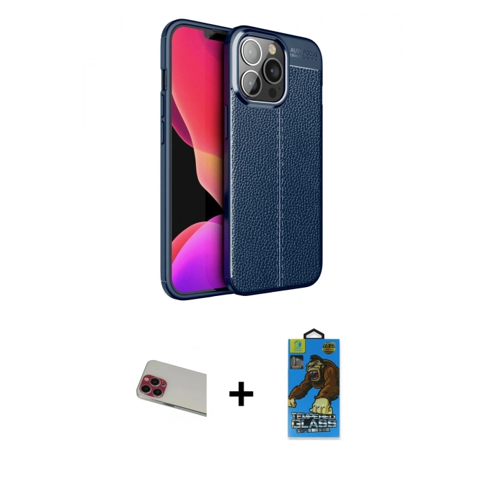 MARSİLYAN™- iPhone 13 Pro Max Kılıf Doruk Klasik Özel Seri - Siyah 18D Cam Ekran Koruyucu + Rainbow Kamera Lens Koruma Cam - KI